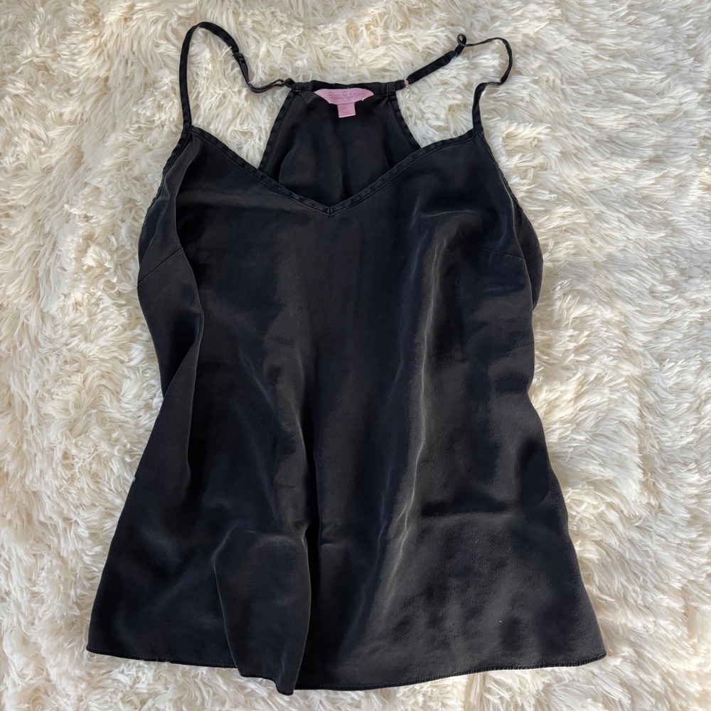 Lilly Pulitzer Black 100% Silk V-Neck Adjustable Strap Camisole Top Large